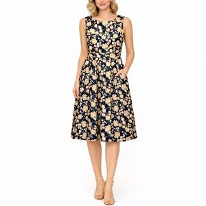 Talbots Navy Tan Floral Sleeveless Fit & Flare Cotton Dress Pockets 6